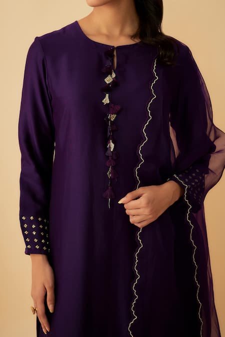Buy_1999ad By Amita & Deepak_Purple Chanderi Beads Round Neck Kurta Pant Set _Online_at_Aza_Fashions