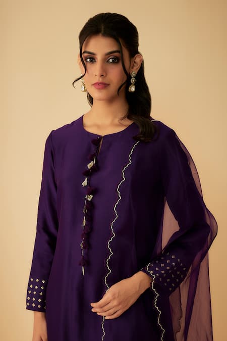 Shop_1999ad By Amita & Deepak_Purple Chanderi Beads Round Neck Kurta Pant Set _Online_at_Aza_Fashions