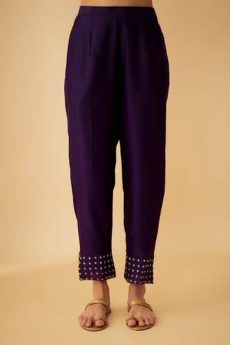 1999ad By Amita & Deepak_Purple Chanderi Beads Round Neck Kurta Pant Set _at_Aza_Fashions