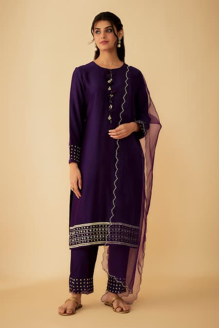 Buy_1999ad By Amita & Deepak_Purple Chanderi Beads Round Neck Kurta Pant Set 