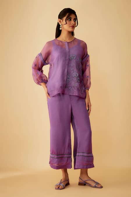 1999AD By Amita & Deepak Purple Organza Applique Embroidered Floral Round Shirt Pant Set 