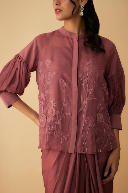 1999ad By Amita & Deepak_Pink Organza Applique, Embroidery Round Neck Top Skirt Set _Online_at_Aza_Fashions