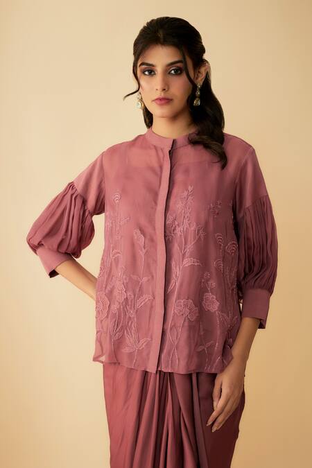 Buy_1999ad By Amita & Deepak_Pink Organza Applique, Embroidery Round Neck Top Skirt Set _Online_at_Aza_Fashions