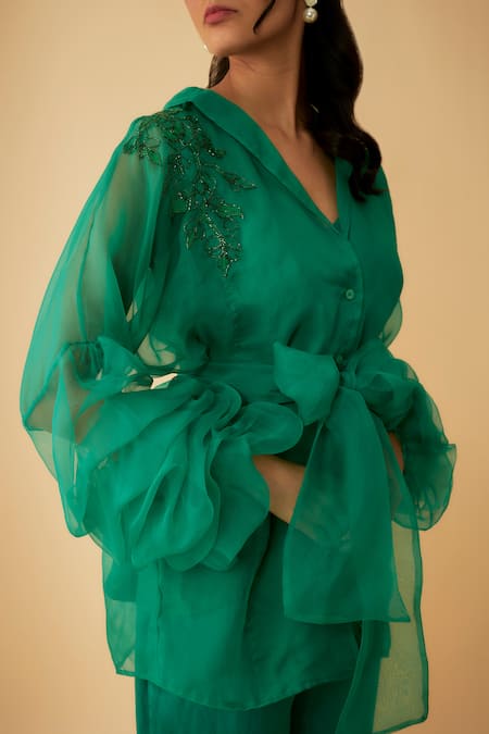 1999ad By Amita & Deepak_Green Organza Cut Work Shawl Neck Cutdana Embroidered Shirt And Pant Set _Online_at_Aza_Fashions