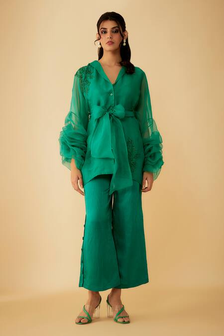 Shop_1999ad By Amita & Deepak_Green Organza Cut Work Shawl Neck Cutdana Embroidered Shirt And Pant Set _Online_at_Aza_Fashions