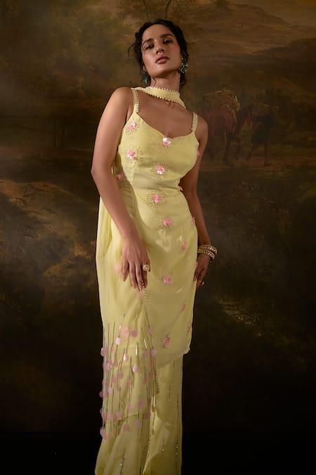 Buy SAANJH BY LEA Yellow Georgette, Polyester Cut Work, Chanda Fleur Embroidered Kurta Sharara Set Online at Aza Fashions Buy_SAANJH BY LEA_Yellow Georgette, Polyester Cut Work, Chanda Fleur Embroidered Kurta Sharara Set _Online_at_Aza_Fashions