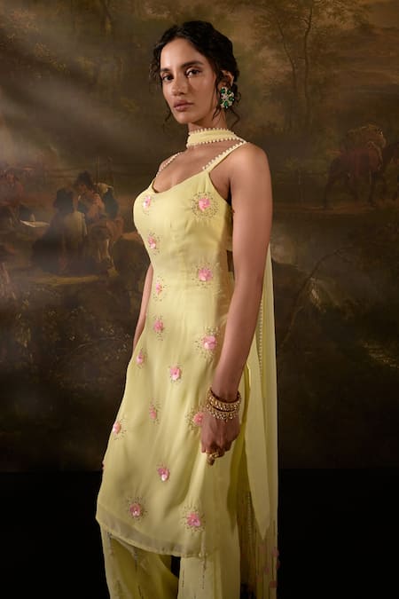 SAANJH BY LEA Yellow Georgette, Polyester Cut Work, Chanda Fleur Embroidered Kurta Sharara Set at Aza Fashions SAANJH BY LEA_Yellow Georgette, Polyester Cut Work, Chanda Fleur Embroidered Kurta Sharara Set _at_Aza_Fashions