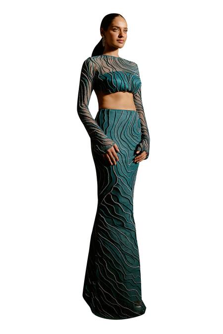 SAANJH BY LEA Green Satin, Chiffon Pearls, Beads Meera Synodic Wave Embellished Lehenga Set Online at Aza Fashions SAANJH BY LEA_Green Satin, Chiffon Pearls, Beads Meera Synodic Wave Embellished Lehenga Set _Online_at_Aza_Fashions