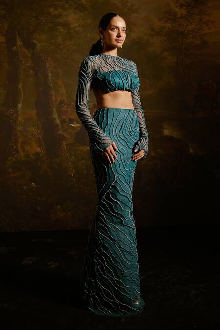 Buy SAANJH BY LEA Green Satin, Chiffon Pearls, Beads Meera Synodic Wave Embellished Lehenga Set Online at Aza Fashions Buy_SAANJH BY LEA_Green Satin, Chiffon Pearls, Beads Meera Synodic Wave Embellished Lehenga Set _Online_at_Aza_Fashions