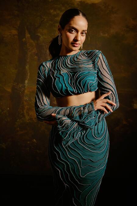 Shop SAANJH BY LEA Green Satin, Chiffon Pearls, Beads Meera Synodic Wave Embellished Lehenga Set Online at Aza Fashions Shop_SAANJH BY LEA_Green Satin, Chiffon Pearls, Beads Meera Synodic Wave Embellished Lehenga Set _Online_at_Aza_Fashions