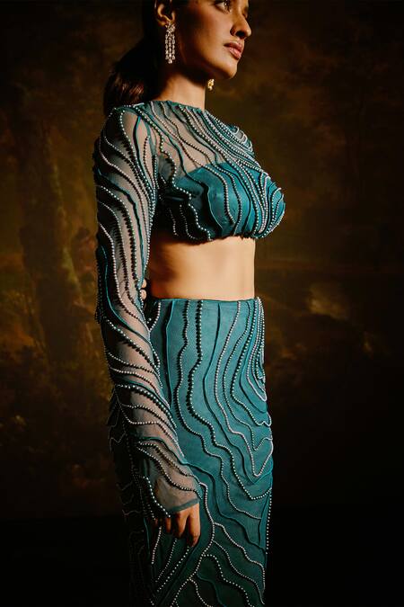 SAANJH BY LEA Green Satin, Chiffon Pearls, Beads Meera Synodic Wave Embellished Lehenga Set at Aza Fashions SAANJH BY LEA_Green Satin, Chiffon Pearls, Beads Meera Synodic Wave Embellished Lehenga Set _at_Aza_Fashions