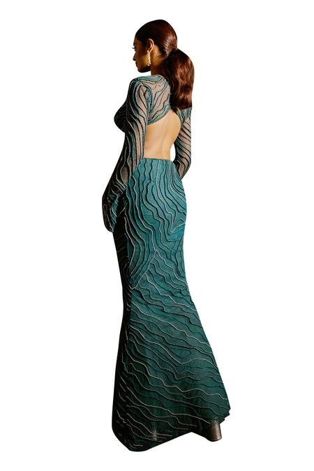 Buy SAANJH BY LEA Green Satin, Chiffon Pearls, Beads Meera Synodic Wave Embellished Lehenga Set Buy_SAANJH BY LEA_Green Satin, Chiffon Pearls, Beads Meera Synodic Wave Embellished Lehenga Set