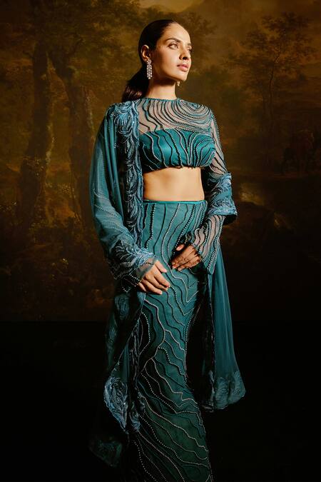 Shop SAANJH BY LEA Green Satin, Chiffon Pearls, Beads Meera Synodic Wave Embellished Lehenga Set Shop_SAANJH BY LEA_Green Satin, Chiffon Pearls, Beads Meera Synodic Wave Embellished Lehenga Set