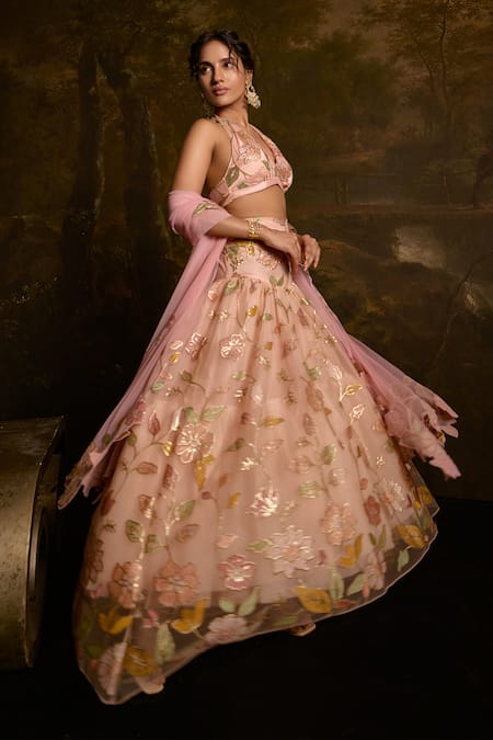 Buy SAANJH BY LEA Peach Cotton, Satin, Chiffon Embroidery Halter Adishri Gullista Lehenga Set Online at Aza Fashions Buy_SAANJH BY LEA_Peach Cotton, Satin, Chiffon Embroidery Halter Adishri Gullista Lehenga Set _Online_at_Aza_Fashions