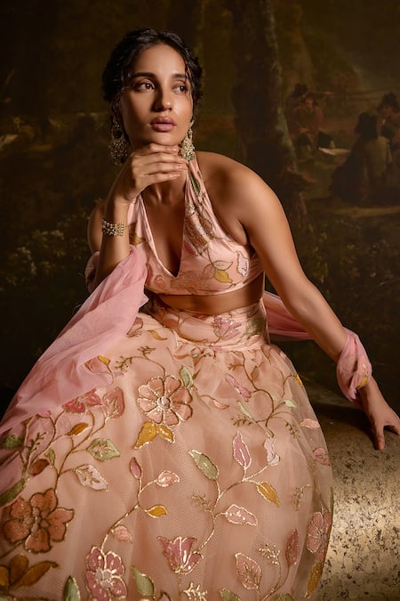 Shop SAANJH BY LEA Peach Cotton, Satin, Chiffon Embroidery Halter Adishri Gullista Lehenga Set Online at Aza Fashions Shop_SAANJH BY LEA_Peach Cotton, Satin, Chiffon Embroidery Halter Adishri Gullista Lehenga Set _Online_at_Aza_Fashions