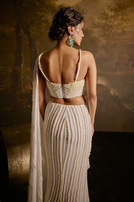 Shop SAANJH BY LEA White Polyester, Satin Pearls Mahima Meadow Embroidered Pre-draped Saree Set at Aza Fashions Shop_SAANJH BY LEA_White Polyester, Satin Pearls Mahima Meadow Embroidered Pre-draped Saree Set _at_Aza_Fashions