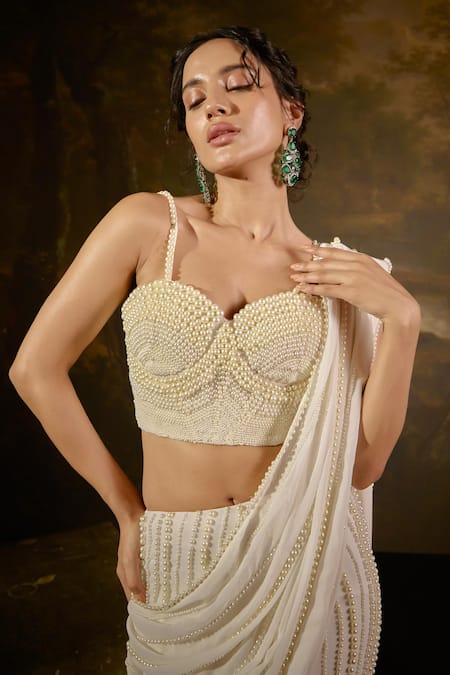 SAANJH BY LEA White Polyester, Satin Pearls Mahima Meadow Embroidered Pre-draped Saree Set Online at Aza Fashions SAANJH BY LEA_White Polyester, Satin Pearls Mahima Meadow Embroidered Pre-draped Saree Set _Online_at_Aza_Fashions