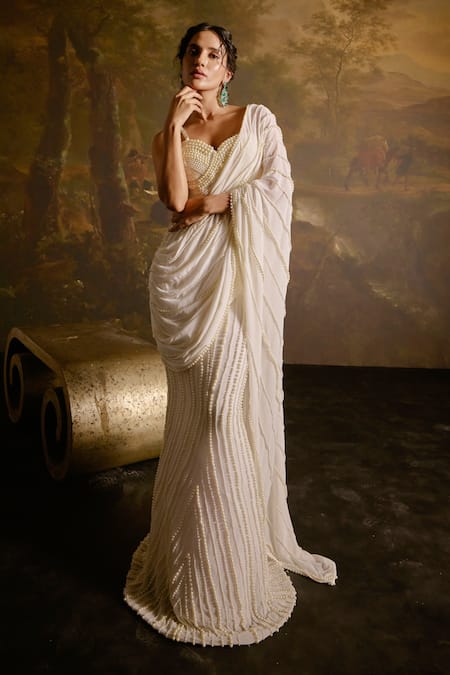 Buy SAANJH BY LEA White Polyester, Satin Pearls Mahima Meadow Embroidered Pre-draped Saree Set Online at Aza Fashions Buy_SAANJH BY LEA_White Polyester, Satin Pearls Mahima Meadow Embroidered Pre-draped Saree Set _Online_at_Aza_Fashions