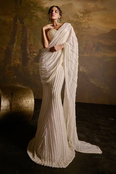 Shop SAANJH BY LEA White Polyester, Satin Pearls Mahima Meadow Embroidered Pre-draped Saree Set Online at Aza Fashions Shop_SAANJH BY LEA_White Polyester, Satin Pearls Mahima Meadow Embroidered Pre-draped Saree Set _Online_at_Aza_Fashions