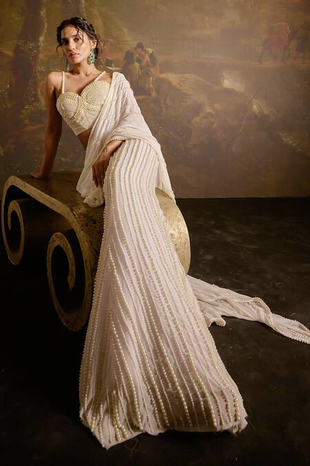 SAANJH BY LEA White Polyester, Satin Pearls Mahima Meadow Embroidered Pre-draped Saree Set at Aza Fashions SAANJH BY LEA_White Polyester, Satin Pearls Mahima Meadow Embroidered Pre-draped Saree Set _at_Aza_Fashions