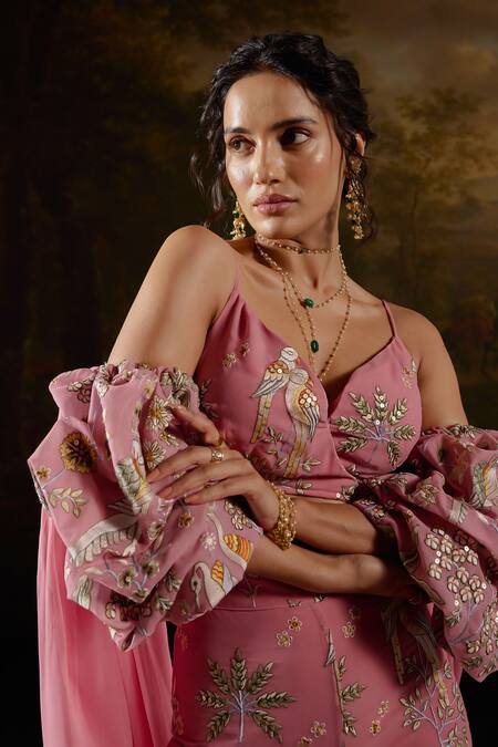 SAANJH BY LEA_Pink Georgette, Polyester Embroidery Mayuri Parakeet Blouse Flared Pant Set_at_Aza_Fashions