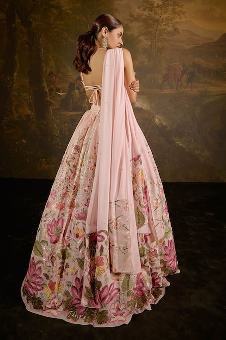 Shop SAANJH BY LEA Pink Georgette Embroidery, Sequins Square Neck Ahaana Florence Lehenga Set at Aza Fashions Shop_SAANJH BY LEA_Pink Georgette Embroidery, Sequins Square Neck Ahaana Florence Lehenga Set _at_Aza_Fashions
