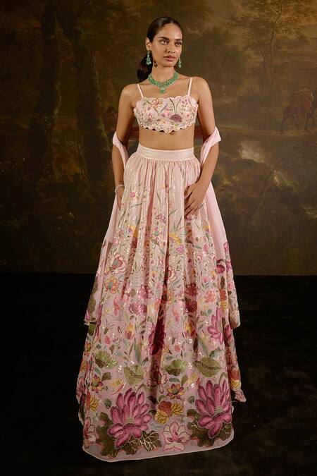 Shop SAANJH BY LEA Pink Georgette Embroidery, Sequins Square Neck Ahaana Florence Lehenga Set Online at Aza Fashions Shop_SAANJH BY LEA_Pink Georgette Embroidery, Sequins Square Neck Ahaana Florence Lehenga Set _Online_at_Aza_Fashions