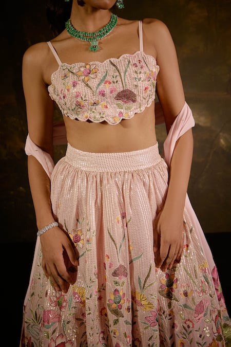 SAANJH BY LEA Pink Georgette Embroidery, Sequins Square Neck Ahaana Florence Lehenga Set at Aza Fashions SAANJH BY LEA_Pink Georgette Embroidery, Sequins Square Neck Ahaana Florence Lehenga Set _at_Aza_Fashions