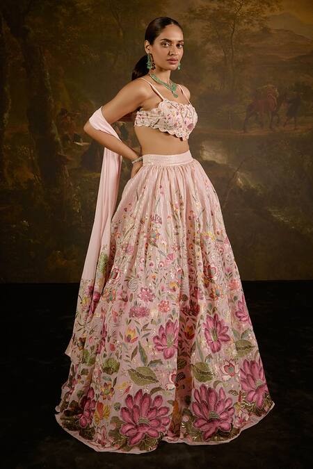 Buy SAANJH BY LEA Pink Georgette Embroidery, Sequins Square Neck Ahaana Florence Lehenga Set Buy_SAANJH BY LEA_Pink Georgette Embroidery, Sequins Square Neck Ahaana Florence Lehenga Set