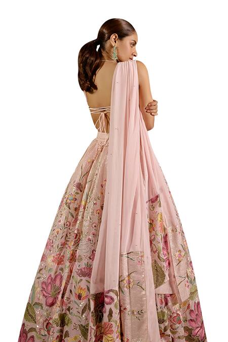 Shop SAANJH BY LEA Pink Georgette Embroidery, Sequins Square Neck Ahaana Florence Lehenga Set Shop_SAANJH BY LEA_Pink Georgette Embroidery, Sequins Square Neck Ahaana Florence Lehenga Set