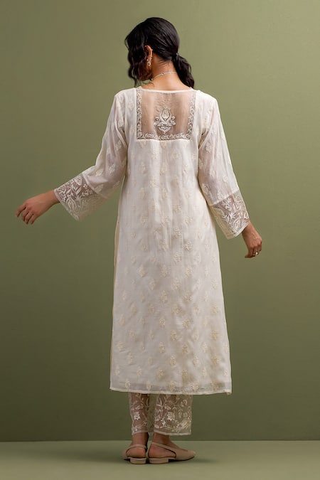 Shop Anantaa By Roohi Ivory Chanderi Embroidery Scoop Neck Floral Thread Kurta With Pant at Aza Fashions Shop_Anantaa By Roohi_Ivory Chanderi Embroidery Scoop Neck Floral Thread Kurta With Pant _at_Aza_Fashions