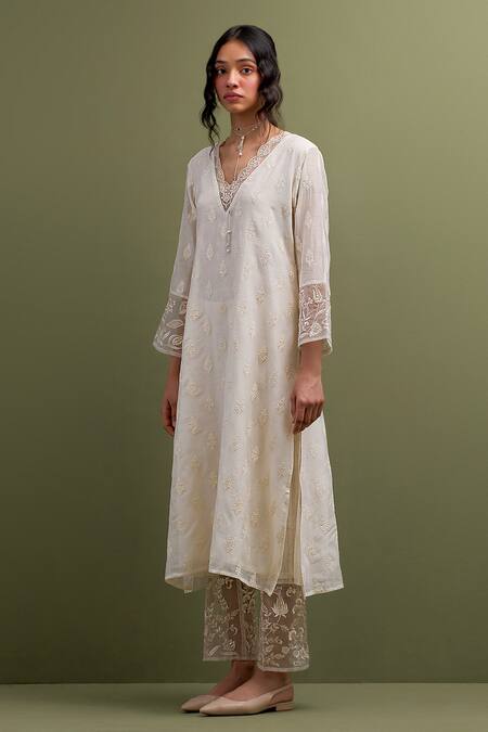 Buy Anantaa By Roohi Ivory Chanderi Cut Work, Sequins, Embroidery Scoop Floral Thread Kurta Pant Set Online at Aza Fashions Buy_Anantaa By Roohi_Ivory Chanderi Cut Work, Sequins, Embroidery Scoop Floral Thread Kurta Pant Set _Online_at_Aza_Fashions