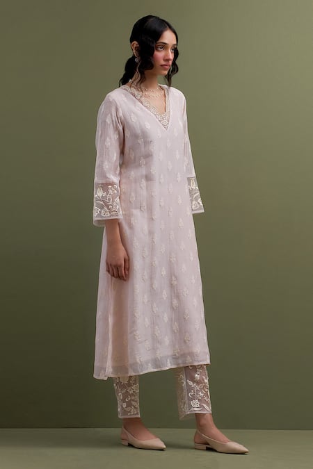 Anantaa By Roohi Pink Chanderi, Cotton Cut Work, Sequins, Floral Resham Kurta Pant Set at Aza Fashions Anantaa By Roohi_Pink Chanderi, Cotton Cut Work, Sequins, Floral Resham Kurta Pant Set _at_Aza_Fashions