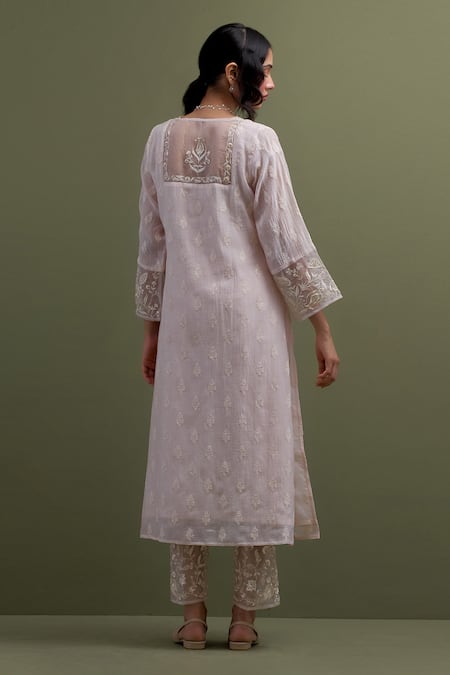 Shop Anantaa By Roohi Pink Chanderi, Cotton Cut Work, Sequins, Floral Resham Kurta Pant Set at Aza Fashions Shop_Anantaa By Roohi_Pink Chanderi, Cotton Cut Work, Sequins, Floral Resham Kurta Pant Set _at_Aza_Fashions