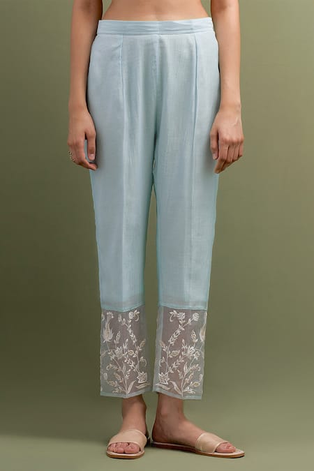 Anantaa By Roohi Blue Chanderi Sequins, Embroidery Scoop Neck Floral Patchwork Kurta With Pant Online at Aza Fashions Anantaa By Roohi_Blue Chanderi Sequins, Embroidery Scoop Neck Floral Patchwork Kurta With Pant _Online_at_Aza_Fashions