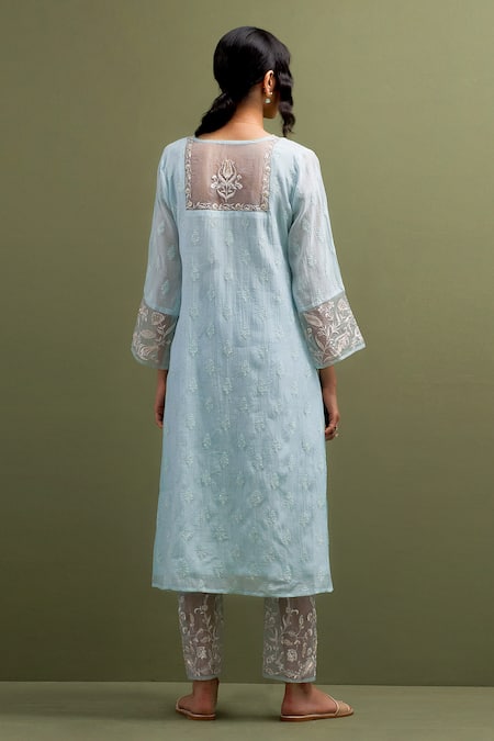 Shop Anantaa By Roohi Blue Chanderi Sequins, Embroidery Scoop Neck Floral Patchwork Kurta With Pant at Aza Fashions Shop_Anantaa By Roohi_Blue Chanderi Sequins, Embroidery Scoop Neck Floral Patchwork Kurta With Pant _at_Aza_Fashions