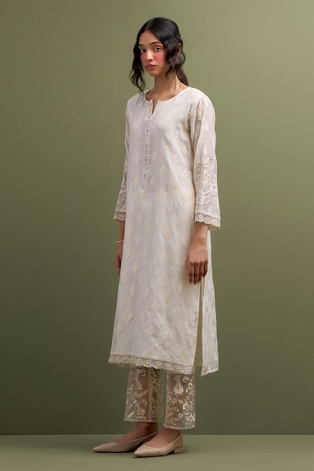 Shop_Anantaa By Roohi_Ivory Chanderi, Cotton, Organza Cut Work, Sequins, Floral Butta Kurta Pant Set _Online_at_Aza_Fashions