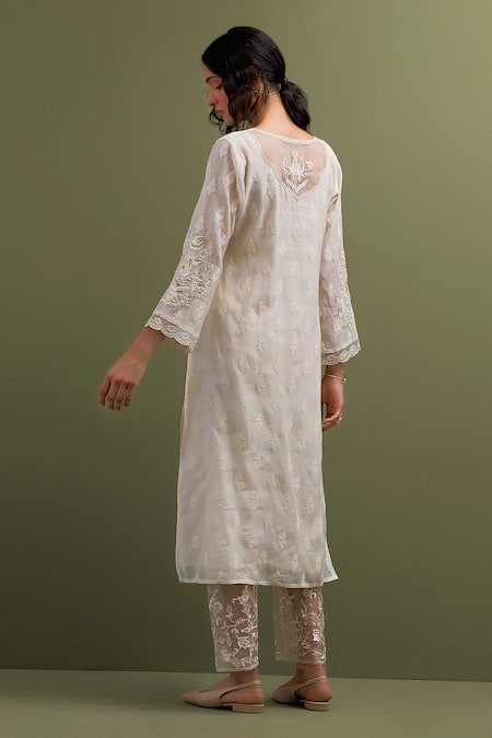 Shop_Anantaa By Roohi_Ivory Chanderi, Cotton, Organza Cut Work, Sequins, Floral Butta Kurta Pant Set _at_Aza_Fashions