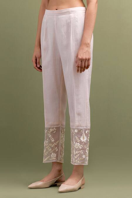 Anantaa By Roohi_Pink Chanderi Embroidery, Sequins Collared Flora Butta Kurta Pant Set _Online_at_Aza_Fashions