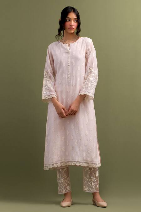 Buy_Anantaa By Roohi_Pink Chanderi Embroidery, Sequins Collared Flora Butta Kurta Pant Set 