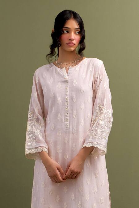 Shop_Anantaa By Roohi_Pink Chanderi Embroidery, Sequins Collared Flora Butta Kurta Pant Set 