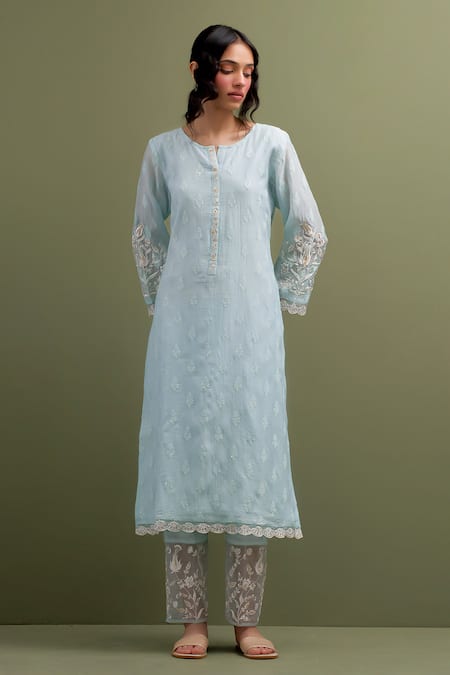 Anantaa by Roohi Blue Mul Chanderi Embroidered Sequins Floral Motif Patchwork Kurta With Pant 