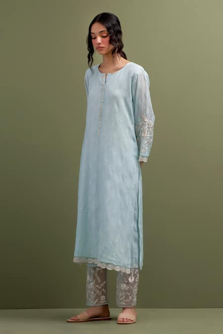 Shop Anantaa By Roohi Blue Chanderi, Cotton Embroidery, Sequins Floral Motif Patchwork Kurta Pant Set Online at Aza Fashions Shop_Anantaa By Roohi_Blue Chanderi, Cotton Embroidery, Sequins Floral Motif Patchwork Kurta Pant Set _Online_at_Aza_Fashions