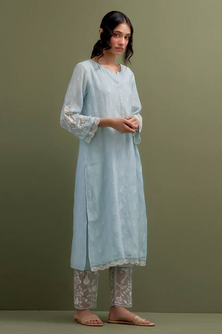 Anantaa By Roohi Blue Chanderi, Cotton Embroidery, Sequins Floral Motif Patchwork Kurta Pant Set at Aza Fashions Anantaa By Roohi_Blue Chanderi, Cotton Embroidery, Sequins Floral Motif Patchwork Kurta Pant Set _at_Aza_Fashions