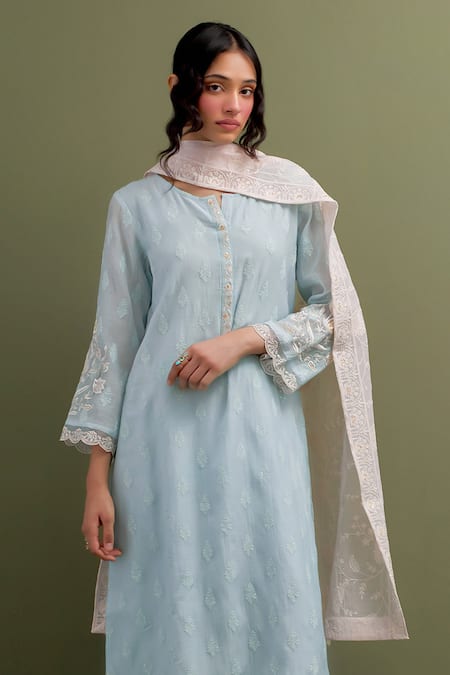 Buy Anantaa By Roohi Blue Chanderi, Cotton Embroidery, Sequins Floral Motif Patchwork Kurta Pant Set Buy_Anantaa By Roohi_Blue Chanderi, Cotton Embroidery, Sequins Floral Motif Patchwork Kurta Pant Set