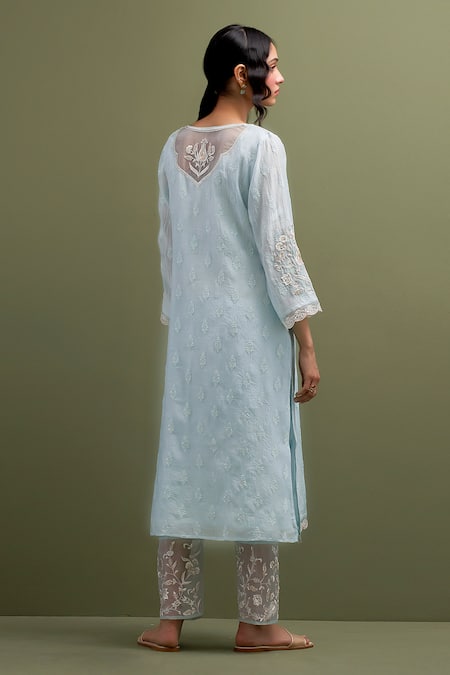 Shop Anantaa By Roohi Blue Chanderi, Cotton Embroidery, Sequins Floral Motif Patchwork Kurta Pant Set at Aza Fashions Shop_Anantaa By Roohi_Blue Chanderi, Cotton Embroidery, Sequins Floral Motif Patchwork Kurta Pant Set _at_Aza_Fashions