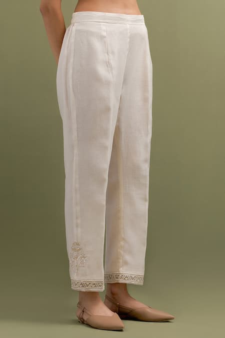 Anantaa By Roohi_Ivory Chanderi Cut Work, Sequins, Embroidery Floral Gathered Kurta With Pant _Online_at_Aza_Fashions