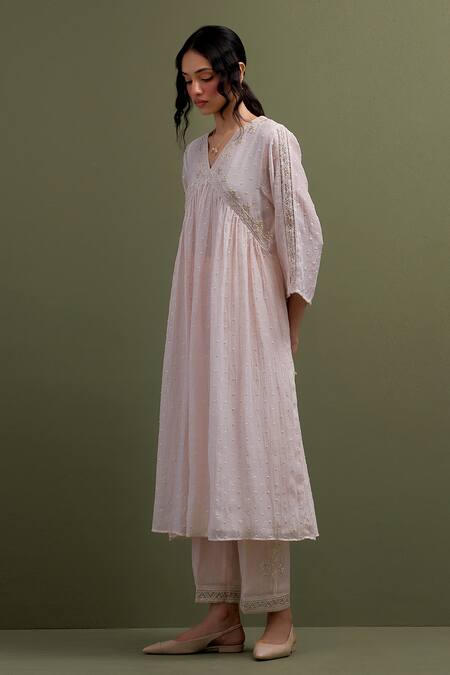 Shop_Anantaa By Roohi_Pink Chanderi Cut Work, Embroidery V-neck Thread Gathered Kurta With Pant _Online_at_Aza_Fashions