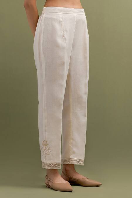 Anantaa By Roohi Ivory Chanderi Sequins, Embroidery Split V-neck Thread High Low Kurta With Pant Online at Aza Fashions Anantaa By Roohi_Ivory Chanderi Sequins, Embroidery Split V-neck Thread High Low Kurta With Pant _Online_at_Aza_Fashions