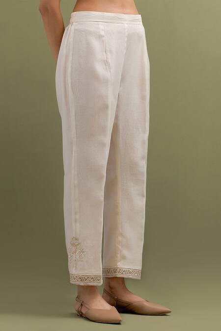 Anantaa By Roohi_Ivory Chanderi, Organza Embroidery, Sequins, Thread High Low Kurta Pant Set _Online_at_Aza_Fashions